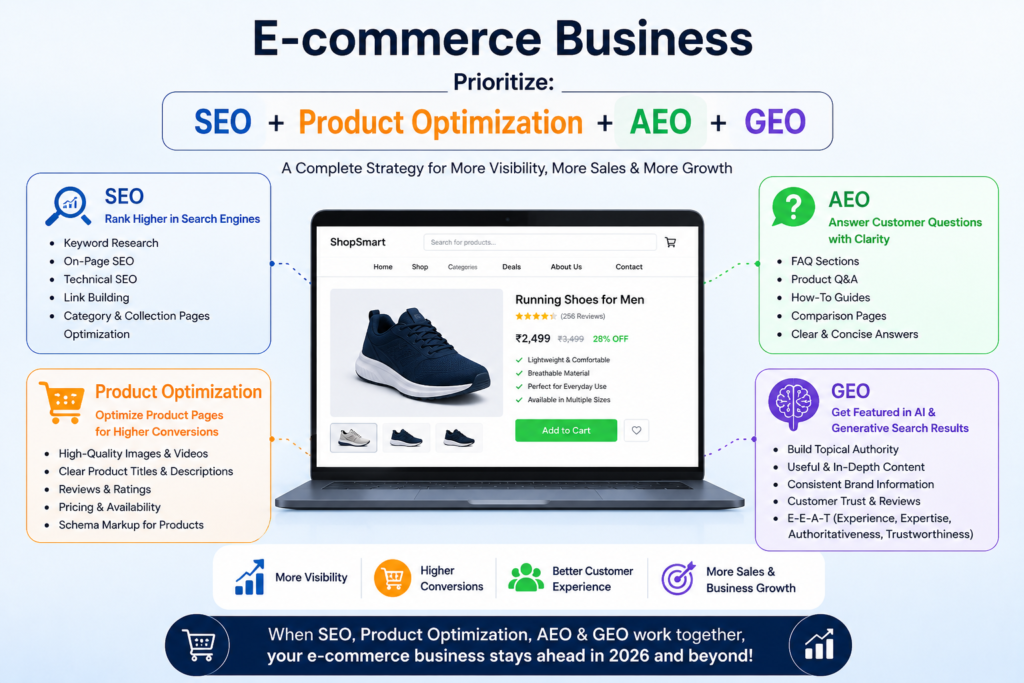 SEO vs AEO vs GEO: Which Strategy Should Your Business Use in 2026? - ResultWise Digital Marketing Agency Ecommerce SEO Vs AEO