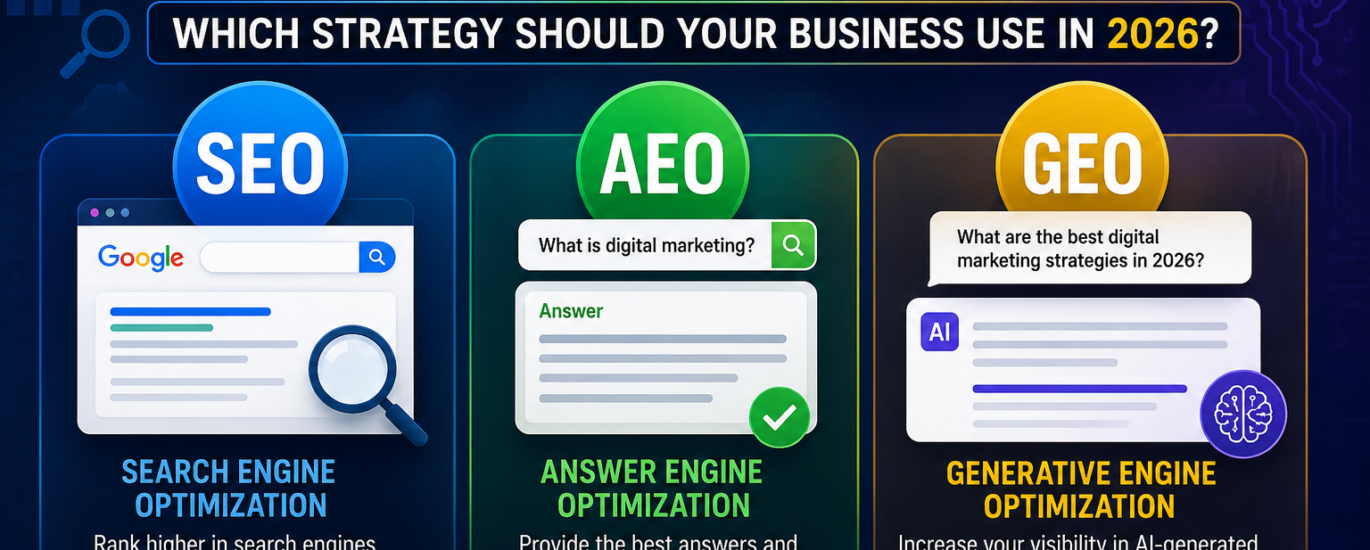 SEO vs AEO vs GEO: Which Strategy Should Your Business Use in 2026? - ResultWise Digital Marketing Agency SEO Vs AEO Vs GEO