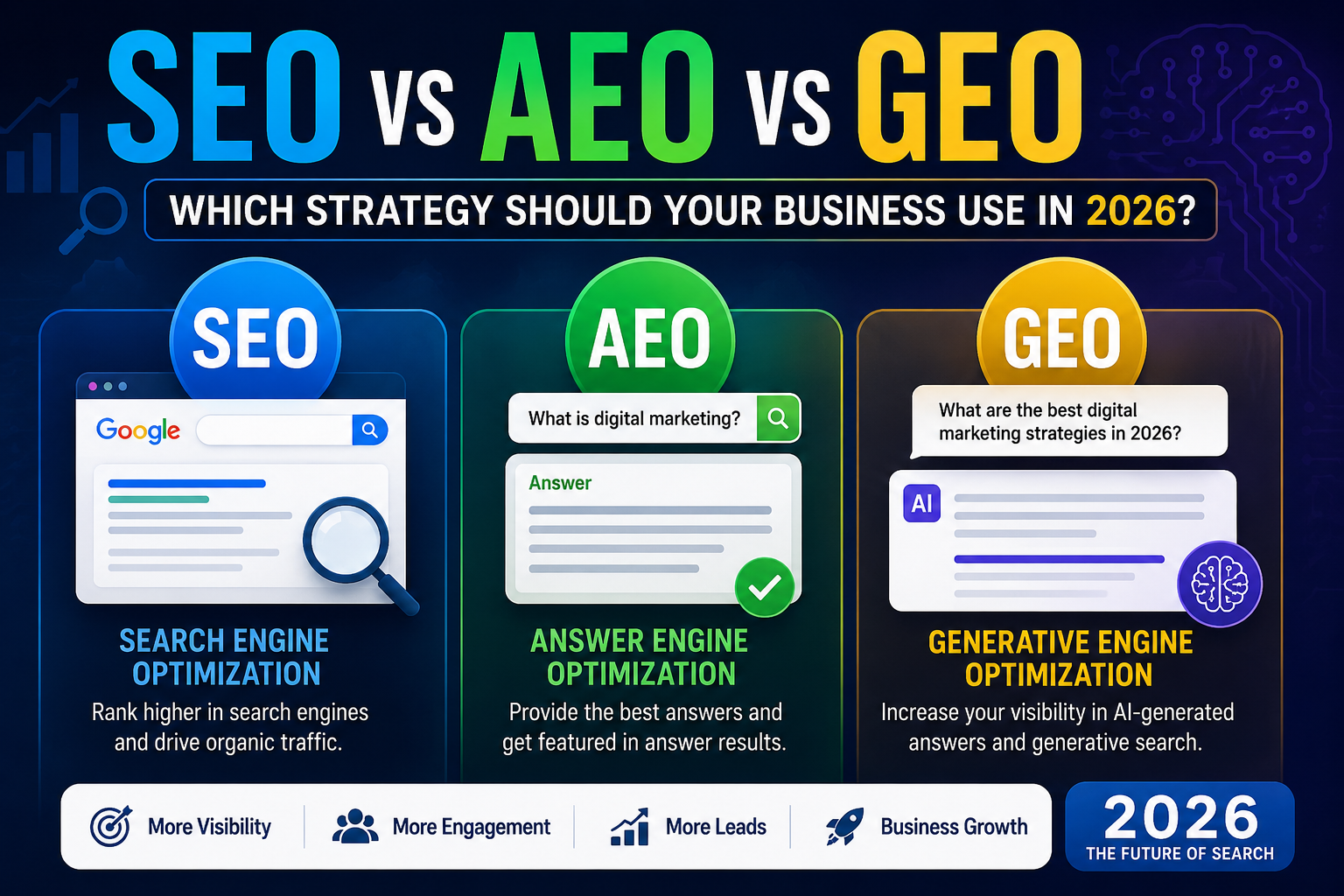 SEO vs AEO vs GEO: Which Strategy Should Your Business Use in 2026? - ResultWise Digital Marketing Agency SEO Vs AEO Vs GEO